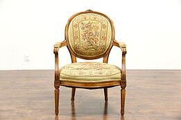 French 1930's Vintage Carved Beech Chair, Needlepoint Upholstery