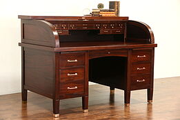 Mahogany C Curve 1910 Antique Roll Top Desk, Bronze Hardware, Signed Sabath