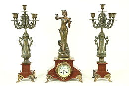 Art Nouveau Antique 3 Pc Marble Mantel Clock Set, Signed Causse Cadet #28607