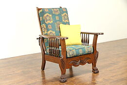 Oak Antique 1900 Morris Recliner Chair, Lion Paws, New Upholstery #31044