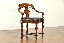 Corner Chair, Carved Mahogany, Leather Seat, Vintage Maitland Smith #32284