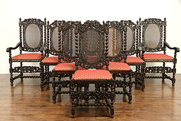 Set of 8 Antique Black Forest Dining Chairs, Carved Cupids or Angels #32316