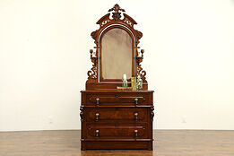 Victorian Antique Carved Walnut Chest or Dresser, Mirror, Secret Drawer #32323