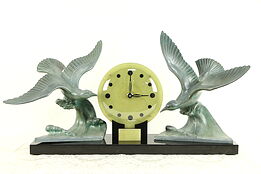 French Art Deco 1930 Vintage Onyx & Marble Clock with Bird Sculptures #32343