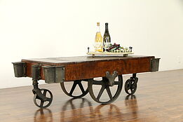 Industrial 1900's Antique Railroad Salvage Oak & Iron Cart, Coffee Table #32386
