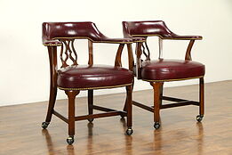 Pair Leather Vintage Rolling Game Table, Library, Office Chairs, Hickory #32431