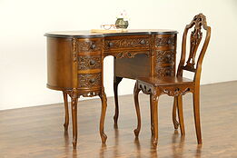 French Style Carved Walnut Vintage Kidney Desk & Chair Set #32438