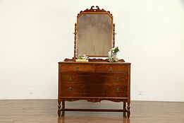 English Tudor Walnut & Curly Maple Antique Chest or Dresser & Mirror #32525