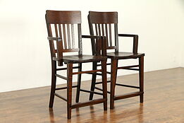 Pair of Antique Quarter Sawn Oak Craftsman Billiard or Pool Hall Chairs #32570