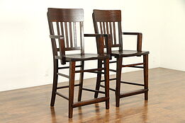 Pair of Antique Quarter Sawn Oak Craftsman Billiard or Pool Hall Chairs #32571