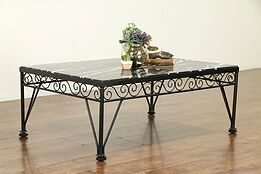 Wrought Iron Vintage Coffee Table, Black Marble with Fossils #32582