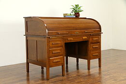 Solid Oak 1910 Antique C Shape 5' Rolltop Desk, Pull Out Shelves #32642