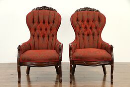 Victorian Antique Pair of Carved Walnut Chairs, Recent Upholstery #32702