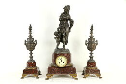 French Antique Marble 3 Pc Sculpture Mantel Clock Set, Dumoulinneu Paris #32766