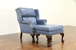 Leather Vintage Carved Claw & Ball Wing Chair & Ottoman, Hancock & Moore #32862
