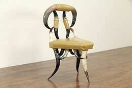 Folk Art Antique Genuine Horn Hall Chair, Faux Leather #32960