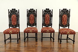 Set of 4 Carved Oak Antique Black Forest Dining Chairs, New Upholstery #33014