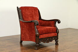 Oak Antique Lodge Wing Chair, Carved Crest, New Upholstery #33016