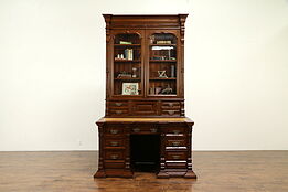 Victorian Antique Walnut Library Desk & Bookcase, Signed Bitten 1887 #33107