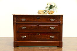 Victorian Eastlake Antique Walnut Linen Chest or Dresser, Marble Top  #33114