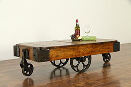 Industrial Salvage Antique Railroad Ash & Iron Cart, Coffee Table, Lawson #33127