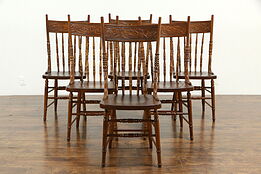 Set of 6 Antique Ash Pressback Country Dining Chairs, Cherry Carving #33209