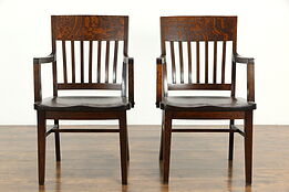 Pair of Antique Quarter Sawn Oak Craftsman Dining or Office Desk Chairs #33230