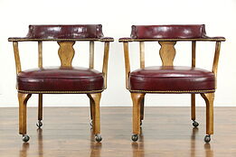 Pair of Bank of London Leather Rolling Library or Game Chairs #33285