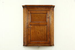 Oak Antique English Hanging Corner Cabinet or Cupboard, Marquetry Shells #33461