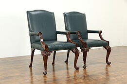Pair of Georgian Style Vintage Leather & Carved Mahogany Chairs, Baker #33479