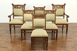 Victorian Antique Set of 6 Carved Oak Dining Chairs, Recent Uphostery #33517