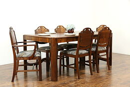 Art Deco Vintage Dining Set Table & Leaf, 6 Chairs Newly Upholstered #33523