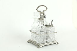 Art Deco Antique Pewter Castor or Condiment Set, Glass Bottles #33528