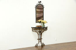 Iron & Marble Hand Painted Antique Hall Console Table & Mirror Set #33973