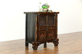 Chinese Hand Painted Ash Antique Cabinet, Carved Feet & Grillwork #33681