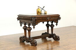Renaissance Oak Antique Italian Library Desk, Carved Lions & Serpents #33737