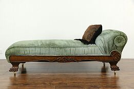 Victorian Antique Oak Chaise or Fainting Couch, Velvet Upholstery #33836