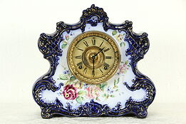 Ansonia Dresden Victorian Cobalt Blue Porcelain Antique China Clock #289 #33939