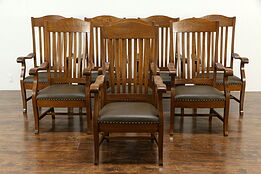 Set of 8 Oak Antique Boardroom or Dining Arm Chairs, New Leather #34112