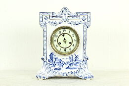 Blue Dutch Delft Antique Porcelain China Clock, Signed Waterbury #34142