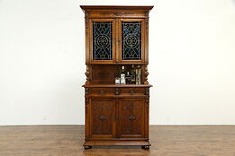 French Antique Carved Oak Sideboard, Bar or Server Cabinet, Stained Glass #34583