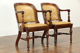 Pair of Antique Walnut Banker Chairs, New Leather, Becker #34585