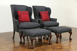 Pair of Vintage Georgian Carved Wing Chairs with Ottomans, Southwood #34011