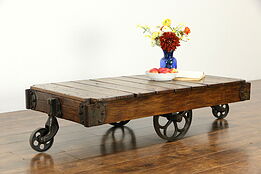 Maple Antique Industrial Salvage Railroad Cart, Iron Wheels, Coffee Table #34651