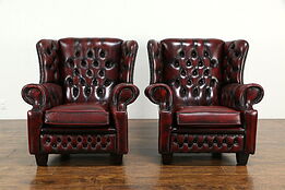 Pair of English Vintage Chesterfield Tufted Leather Wing Chairs #34761