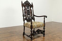 Renaissance Design Antique Mahogany Hall or Throne Chair, Tapestry Seat #34452