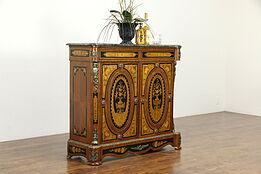 Marquetry Vintage Hall Console or Bar Cabinet, Marble Top Brass Mounts #34524