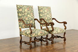 Pair of Large French Antique Carved Beech & Tapestry Armchairs #34552