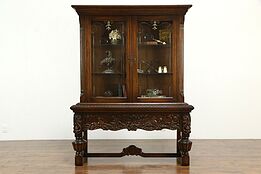 Oak Antique Scandinavian Display Cabinet Carved Chariot & Horses  #34773