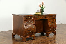 Bombe Antique English Walnut Desk, Inlaid Banding, Leather Top #35001